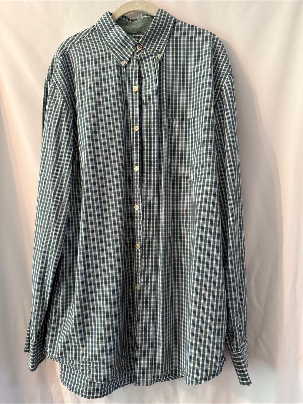Izod Green, White, Blue Plaid or Checked Cotton Button-Down Shirt Size L